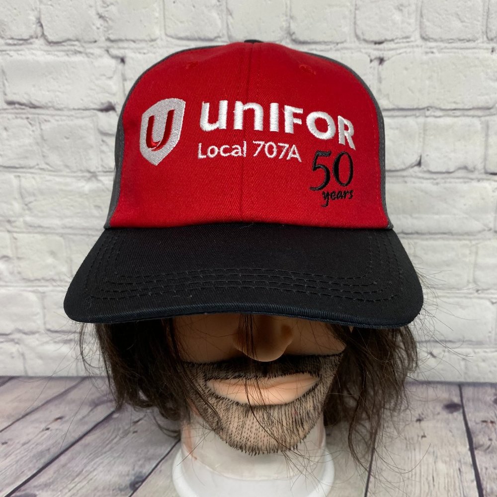 Baseball Hat Cap Strap Back Red Black Gray UNIFOR Local 707A 50 Years Union Made